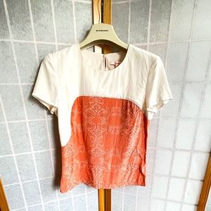 NWOT Morcollet 100% silk short sleeve blouse,  US size XS, UK4, Orange and White